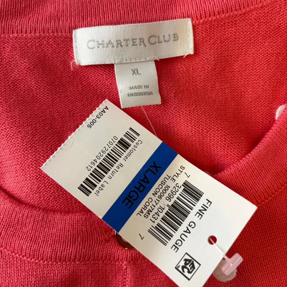 Charter Club Womens XL Preppy Coral Polka Dot Cardigan Sweater Fine Gauge New - Picture 5 of 7